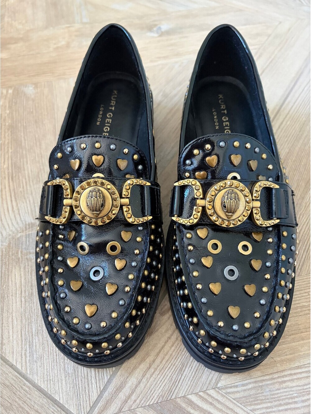 Kurt Geiger Mansion Stud Loafer Black Leather Size 40 US 9 Metallic Hearts Bird